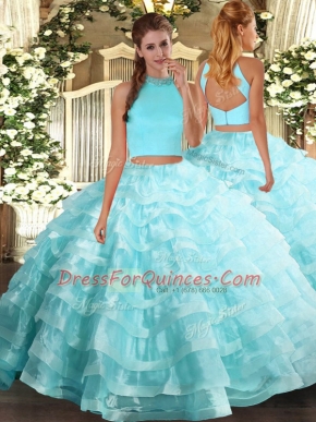 Exquisite Aqua Blue Halter Top Neckline Beading and Ruffled Layers Sweet 16 Quinceanera Dress Sleeveless Backless