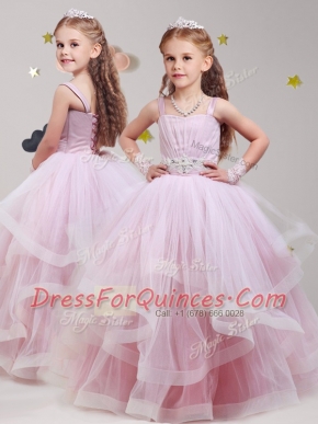 Deluxe Straps Floor Length Baby Pink Flower Girl Dress Tulle Sleeveless Beading and Ruffles