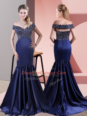 Unique Blue Evening Dress Prom and Party with Beading Off The Shoulder Sleeveless Sweep Train Zipper