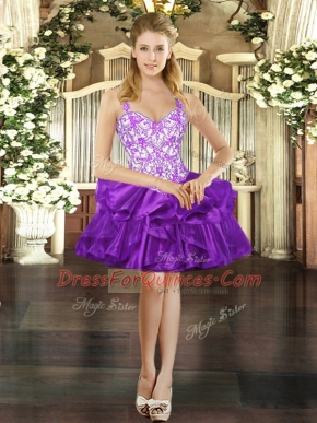 Purple Organza Lace Up Straps Sleeveless Mini Length Prom Evening Gown Beading and Ruffles