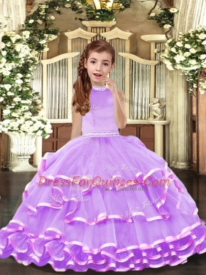 Sleeveless Backless Floor Length Beading and Ruffled Layers Child Pageant Dress