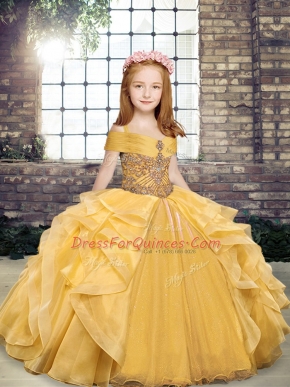 Cute Off The Shoulder Sleeveless Lace Up Little Girls Pageant Dress Gold Organza