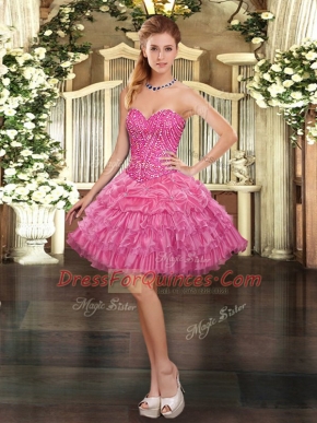 Rose Pink Lace Up Dress for Prom Beading and Ruffled Layers and Pick Ups Sleeveless Mini Length
