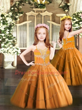 Beading Little Girls Pageant Gowns Orange Lace Up Sleeveless Floor Length
