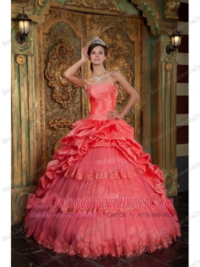 Gorgeous Ball Gown Sweetheart Floor-length Taffeta and Tulle Lace Appliques Watermelon Quinceanera Dress