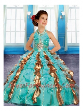Green and Gold Halter Ball Gown Beading Little Girl Pageant Dress with Ruffles for 2014