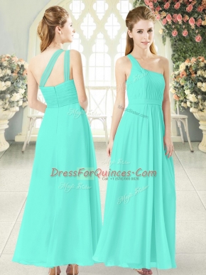 Wonderful Aqua Blue Chiffon Zipper Prom Gown Sleeveless Ankle Length Ruching