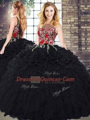 Elegant Floor Length Black Sweet 16 Quinceanera Dress Organza Sleeveless Embroidery and Ruffles