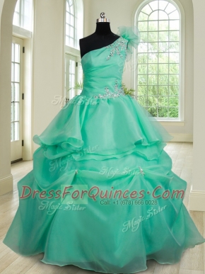 One Shoulder Turquoise Sleeveless Floor Length Beading and Hand Made Flower Lace Up Sweet 16 Quinceanera Dress