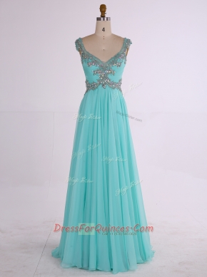 Aqua Blue Sleeveless Floor Length Beading Zipper Prom Evening Gown