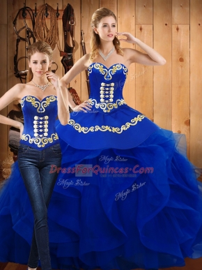 Fashionable Blue Sleeveless Satin and Organza Lace Up Sweet 16 Dress for Military Ball and Sweet 16 and Quinceanera