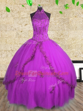 Trendy Purple Tulle Lace Up Halter Top Sleeveless Floor Length Sweet 16 Dresses Beading