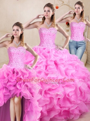 Beautiful Rose Pink Quinceanera Gown Sweet 16 and Quinceanera with Beading and Ruffles Sweetheart Sleeveless Lace Up