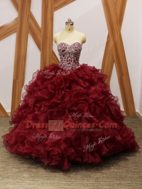 Burgundy Quinceanera Dress Organza Brush Train Sleeveless Beading and Ruffles
