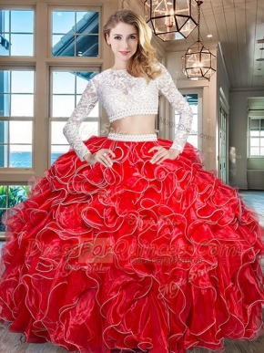 Scoop Red Long Sleeves Floor Length Beading and Lace and Ruffles Zipper 15 Quinceanera Dress