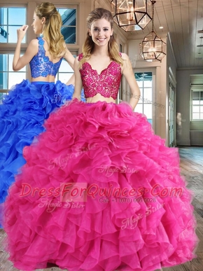 Hot Pink Zipper V-neck Lace and Ruffles 15th Birthday Dress Organza Sleeveless