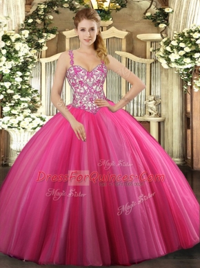 Pretty Hot Pink Lace Up Quinceanera Gowns Beading Sleeveless Floor Length
