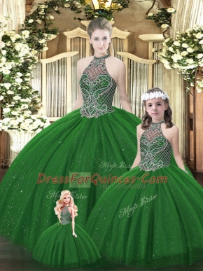 Beauteous Halter Top Sleeveless Lace Up Sweet 16 Dresses Dark Green Tulle