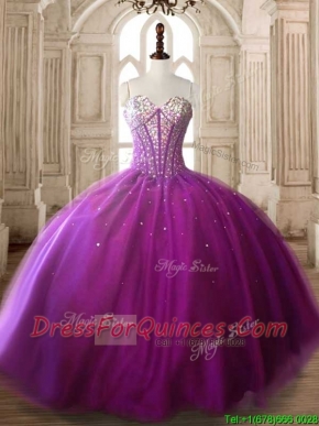 Modest Beaded Bodice Big Puffy Quinceanera Dress in Fuchsia