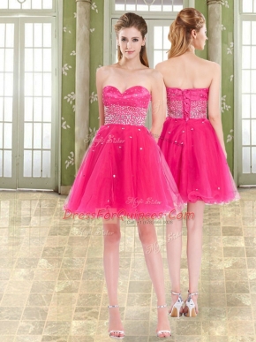 Mini Length Hot Pink Prom Party Dress Tulle Sleeveless Beading and Ruffles