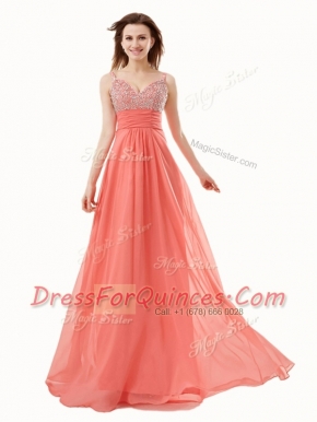 Watermelon Red Side Zipper V-neck Beading Prom Dress Chiffon Sleeveless