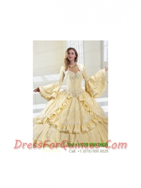 Gorgeous Light Yellow Long Sleeves Quinceanera Jacket With Ruffles and Beading