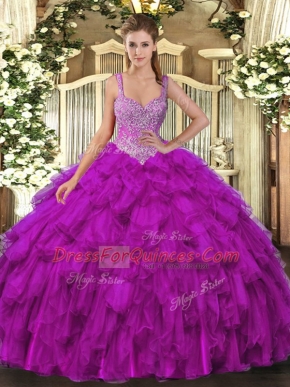 Fancy Purple Ball Gowns Organza Straps Sleeveless Beading and Ruffles Floor Length Lace Up Quince Ball Gowns