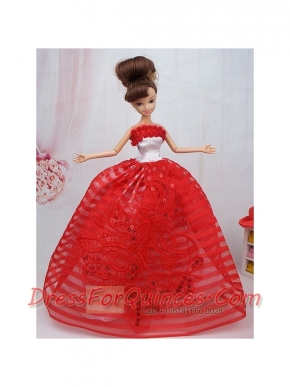 Hand Made Flowers Red Ball Gown Party Clothes Barbie Doll Dress