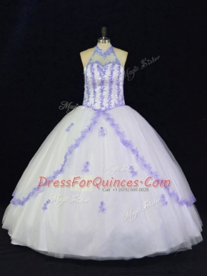 Beauteous White And Purple 15th Birthday Dress Sweet 16 and Quinceanera with Appliques Halter Top Sleeveless Lace Up