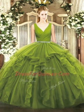Floor Length Ball Gowns Sleeveless Olive Green Quince Ball Gowns Zipper