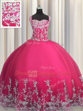 Excellent Hot Pink Straps Neckline Beading and Appliques 15 Quinceanera Dress Sleeveless Lace Up