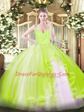 Nice Floor Length Zipper Ball Gown Prom Dress Yellow Green for Military Ball and Sweet 16 and Quinceanera with Ruffles