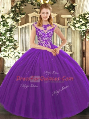 Inexpensive Eggplant Purple Ball Gowns Scoop Sleeveless Tulle Floor Length Lace Up Beading and Appliques Quinceanera Dresses