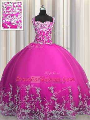 Trendy Fuchsia Tulle Lace Up 15th Birthday Dress Sleeveless Floor Length Beading and Appliques