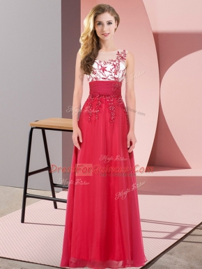 Sleeveless Chiffon Floor Length Backless Quinceanera Court Dresses in Red with Appliques