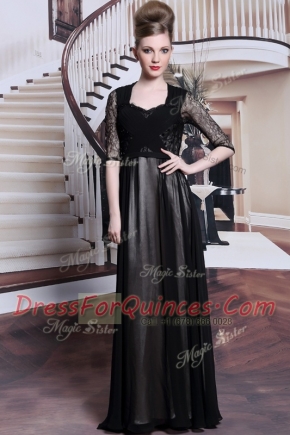 Stunning Black Chiffon Zipper V-neck Half Sleeves Floor Length Lace and Pleated