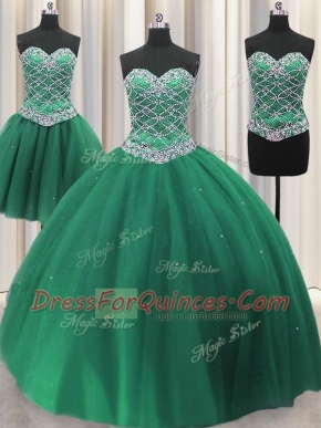 Three Piece Tulle Sweetheart Sleeveless Lace Up Beading and Ruffles Quince Ball Gowns in Green