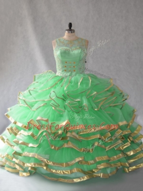 Amazing Beading and Ruffles 15th Birthday Dress Green Lace Up Sleeveless Floor Length