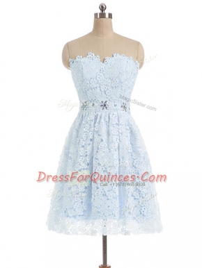 Light Blue A-line Lace Sweetheart Sleeveless Beading and Lace and Appliques Mini Length Zipper