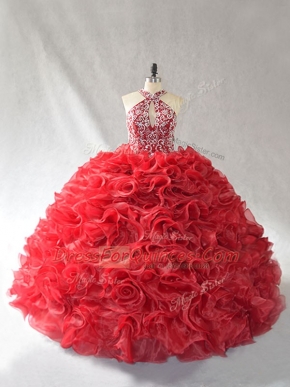 Beading and Ruffles Quinceanera Gowns Red Lace Up Sleeveless Brush Train