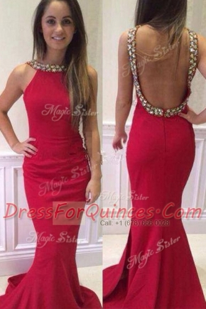 Mermaid Hot Pink Prom and Party and For with Beading Scoop Sleeveless Brush Train Backless
