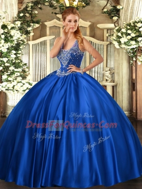 Royal Blue Satin Lace Up Straps Sleeveless Floor Length Quinceanera Gowns Beading