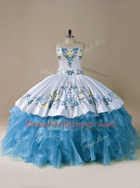 Unique Sleeveless Organza Floor Length Lace Up Quince Ball Gowns in Blue with Embroidery and Ruffles