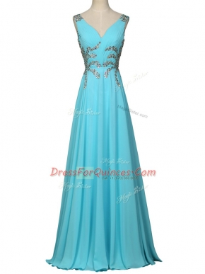 Simple Aqua Blue Empire Beading and Ruching Homecoming Dress Zipper Chiffon Sleeveless Floor Length