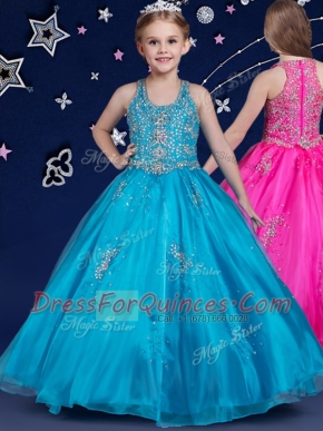 High Quality Blue Flower Girl Dresses Quinceanera and Wedding Party and For with Beading Scoop Sleeveless Zipper