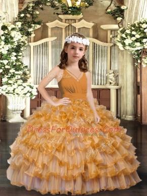 Gold Zipper V-neck Ruffles and Ruffled Layers Little Girls Pageant Dress Organza Sleeveless