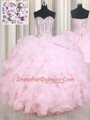 Flare Baby Pink Sleeveless Organza Lace Up 15th Birthday Dress for Military Ball and Sweet 16 and Quinceanera