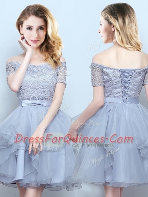 Off the Shoulder Short Sleeves Lace Up Mini Length Lace and Ruffles and Belt Damas Dress