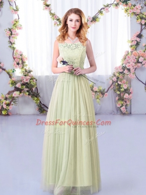 Trendy Yellow Green Empire Tulle Scoop Sleeveless Lace and Belt Floor Length Side Zipper Vestidos de Damas