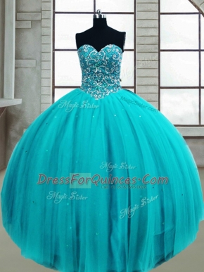 Aqua Blue Tulle Lace Up Sweetheart Sleeveless Floor Length Quinceanera Dresses Beading